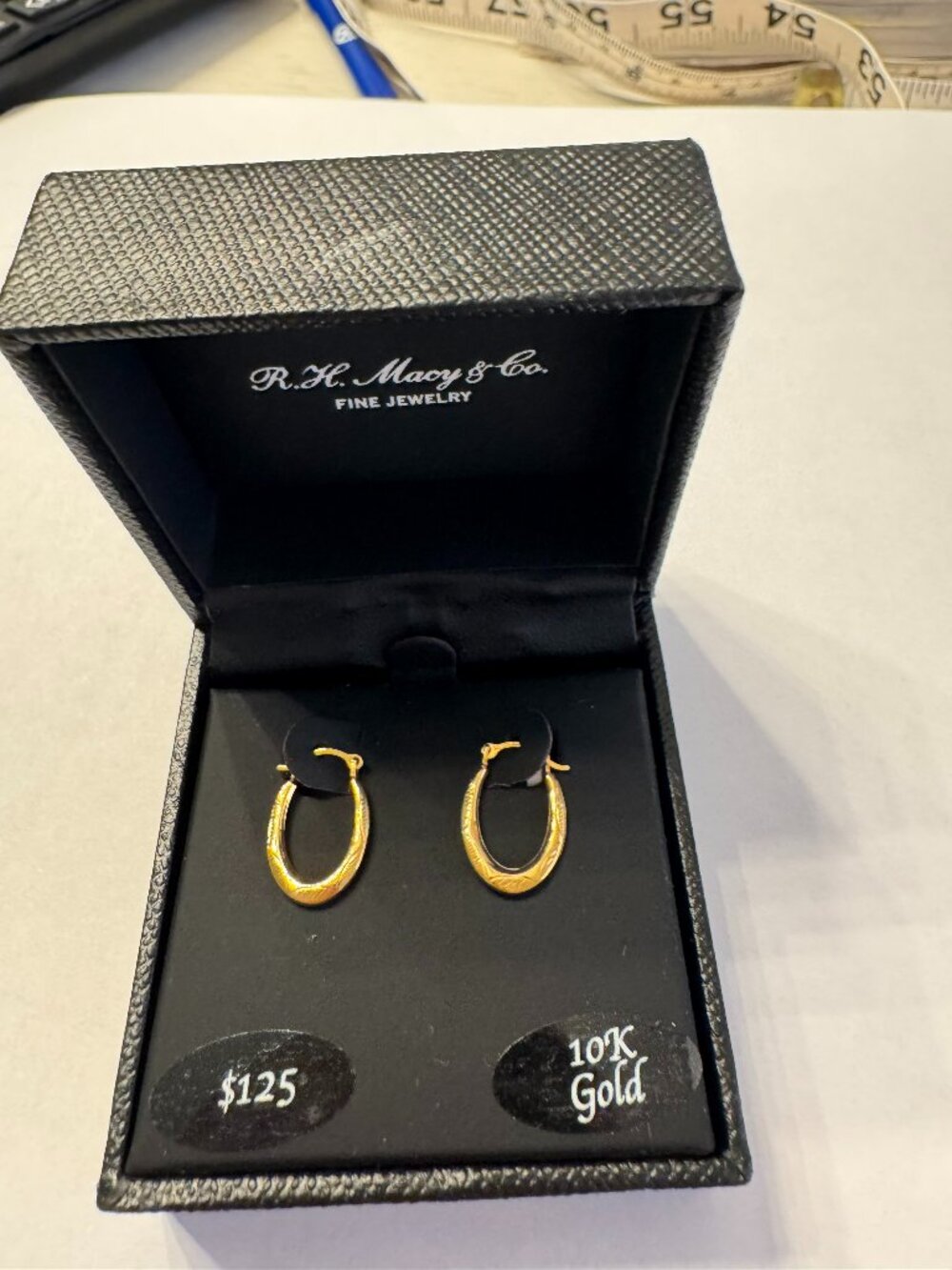 NWT RH Macy & Co 10K yellow gold oval hoops, never worn, in original box